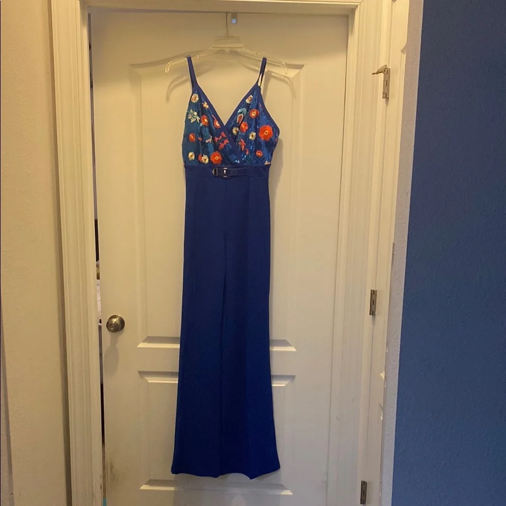 Blue Floral Embroidered Jumpsuit - Picture 1 of 6